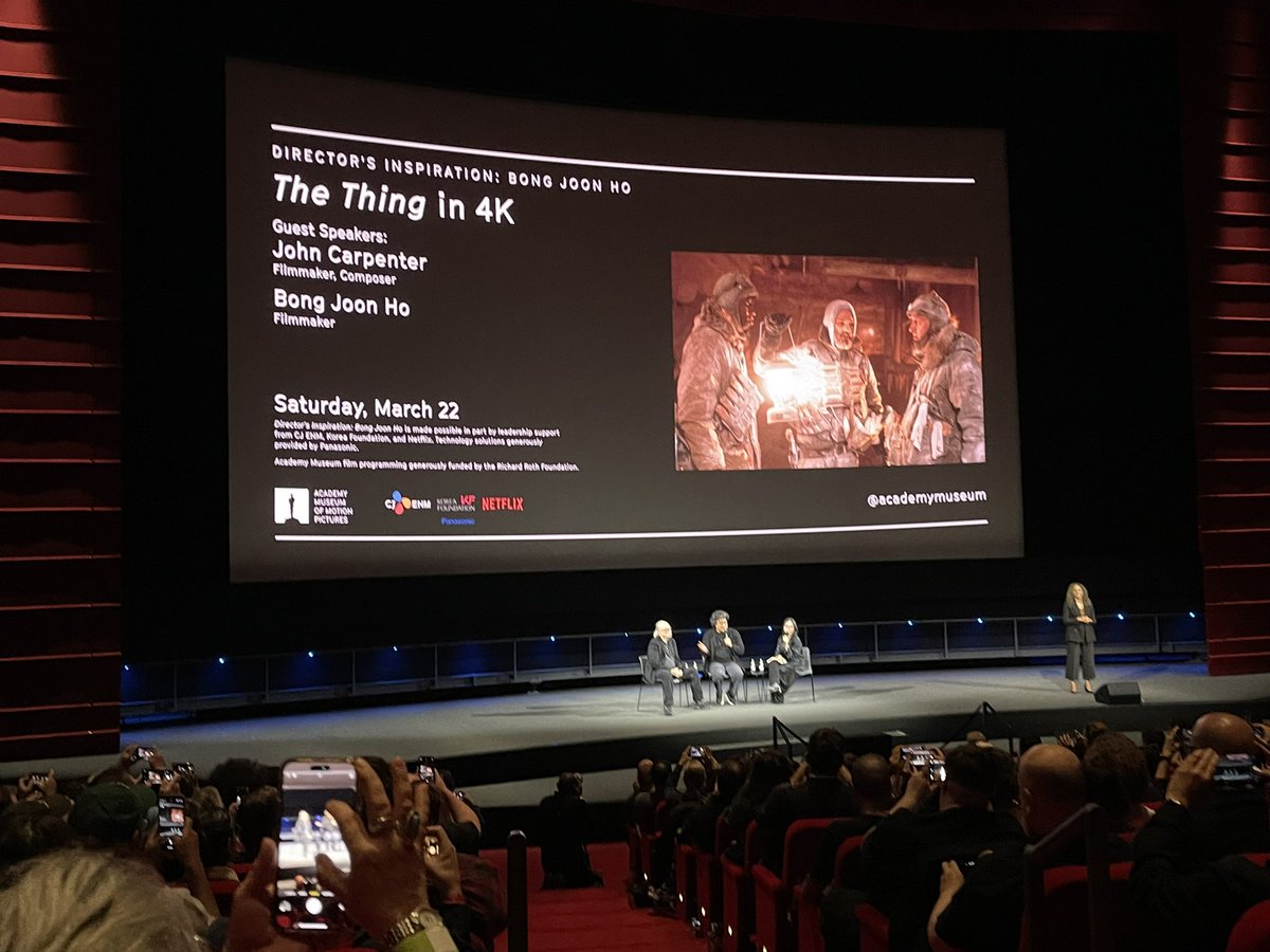 WesleyCaldwell's tweet photo. Been to a lot of screenings and Q&amp;As in LA and this was easily one of my favorite ones. A delightful conversation by a very talented director and one of his directing idols that ended with Bong asking Carpenter to score one of his future films. And THE THING still rips! https://t.co/WBmM2W6pvs