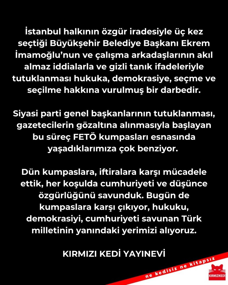 İstanbul halkının özgür iradesiyle üç kez seçtiği Büyükşehir Belediye Başkanı Ekrem İmamoğlu’nun ve çalışma arkadaşlarının akıl almaz iddialarla ve gizli tanık ifadeleriyle tutuklanması hukuka, demokrasiye, seçme ve seçilme hakkına vurulmuş bir darbedir. 
Siyasi parti genel
