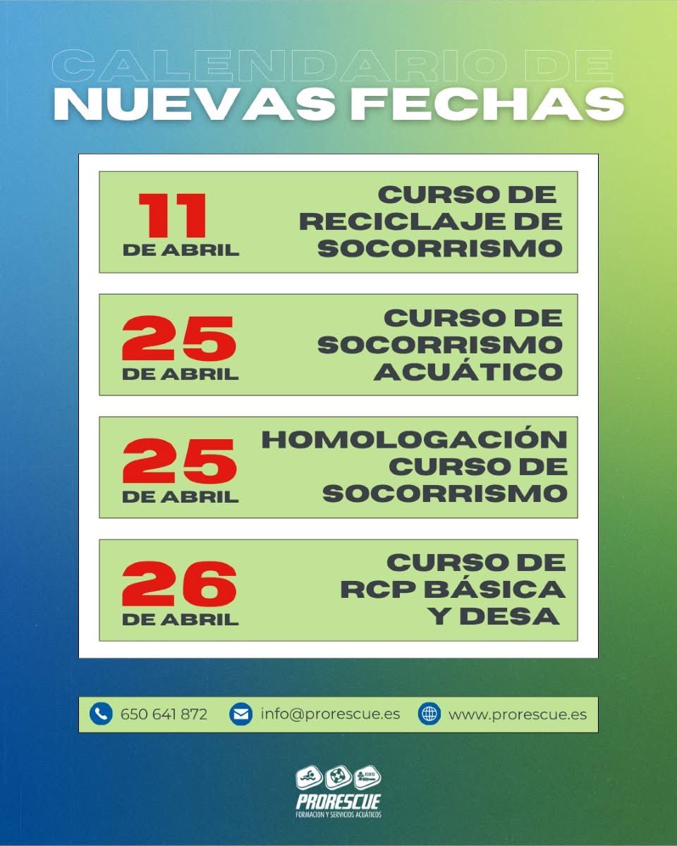 prorescue_info's tweet photo. ¡Nuevas fechas confirmadas para nuestros cursos! 💥

📍 Se imparte en: Club Nazaret. 

✅ Formación certificada y avalada por la Real Federación Española de Salvamento y Socorrismo.
✅ Bolsa de empleo propia con alta tasa de contratación.

Más info en:
📲 650 641 872 | ✉️ info@ https://t.co/cC5jKouZcS