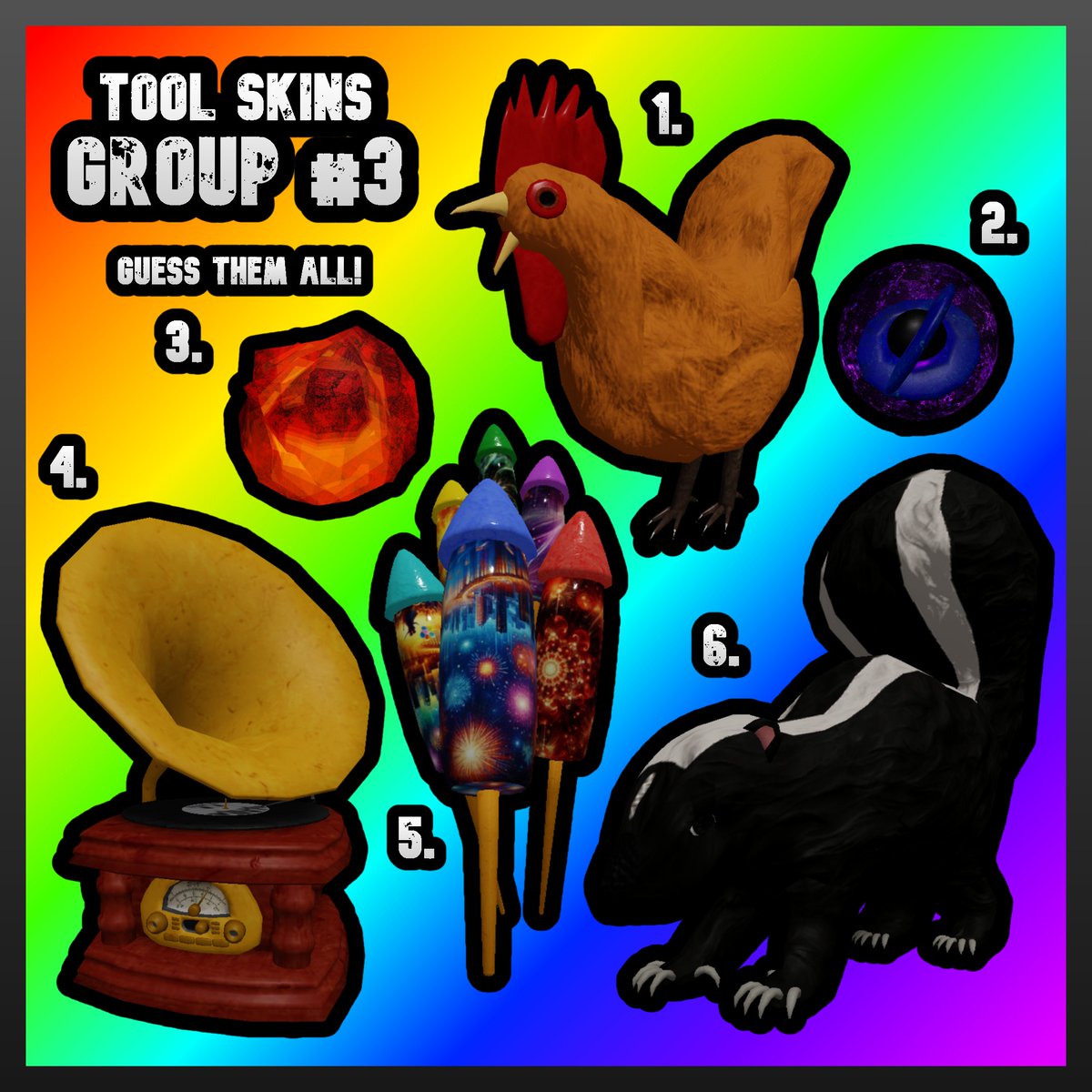 messlither's tweet photo. 📢GIVEAWAY CONTEST for R$6000 ROBUX is here!📢

💰Contest details and rules are below so READ THEM and PLAY! You can WIN!💰

🤩In celebration of Interactive Intimate's coming 0.11.1 UPDATE, which features TOOL SKINS, I'm giving away R$6000 ROBUX HERE AND NOW, where 3 WINNERS will each take home a portion of the jackpot!🤩

⚠First off, TO ENTER:⚠
1. Follow @messlither (me)!
2. Join Messlither HQ on Roblox (check bio).
3. Repost this post!
⚠

🤔Entered? Great!😏

🏆🏆🏆🏆🏆
Now to WIN THE GRAND PRIZE, you'll have to PICK ONE OF THE IMAGES BELOW, AND CORRECTLY GUESS WHICH TOOL EACH SKIN IN THE IMAGE BELONGS TO. The FIRST 3 PEOPLE to pick a picture and correctly guess what tools all the skins belong to WILL WIN R$2000 ROBUX EACH! 
🏆🏆🏆🏆🏆

⚠RULES:⚠
- Correctly guess tools all skins belong to in ONE picture.
- Play up to 3 TIMES. Any more attempts will be VOIDED.
- Reply to THIS POST with YOUR GUESSES!
⚠

👀If you haven't played Interactive Intimate before, or you just forgot what all the possible tools are, I got your back! Here's a list of them:👀

🥊MELEE TOOLS🥊 - Finger, Fist, Cookie, Bat, Pencil, Sword, Camera, Mace, Milk, and Chainsaw.
🔫RANGE TOOLS🔫 - Machine Gun, Water Gun, Megaphone, Radio, Vacuum, Flamethrower, Spray Can, and Minigun.
💣EXPLOSIVE TOOLS💣 - Mines, Gravity Potion, Grenades, Magic Orb, Molotov, Jetpack, Mimic, and Missiles.

(But, if you haven't played, you should try it! Game hosted under my group in bio!)

😀Good luck, and have fun!😀

#ROBLOX #InteractiveIntimate #Giveaway #Gaming
