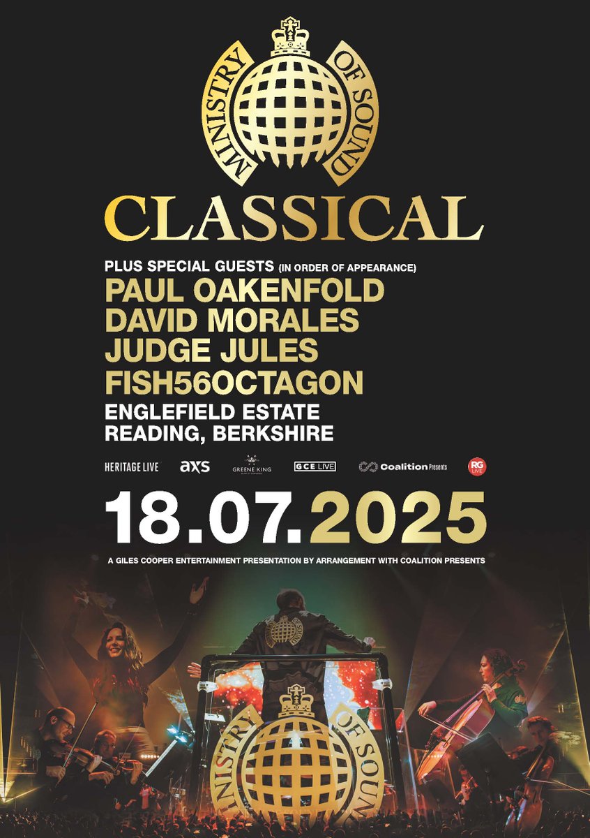 Heritage Live (@heritagelivegce) on Twitter photo Very excited to announce that <a href="/ministryofsound/">Ministry of Sound</a> classical, with very special guests <a href="/pauloakenfold/">Paul Oakenfold</a> / <a href="/DJDavidMorales/">David Morales</a> / <a href="/RealJudgeJules/">Judge Jules</a> and <a href="/Fish56O/">Fish56Octagon</a> will perform an exclusive show in the stunning grounds of the @englefieldestate near Reading in Berkshire on Friday, 18th August Very excited to announce that <a href="/ministryofsound/">Ministry of Sound</a> classical, with very special guests <a href="/pauloakenfold/">Paul Oakenfold</a> / <a href="/DJDavidMorales/">David Morales</a> / <a href="/RealJudgeJules/">Judge Jules</a> and <a href="/Fish56O/">Fish56Octagon</a> will perform an exclusive show in the stunning grounds of the @englefieldestate near Reading in Berkshire on Friday, 18th August