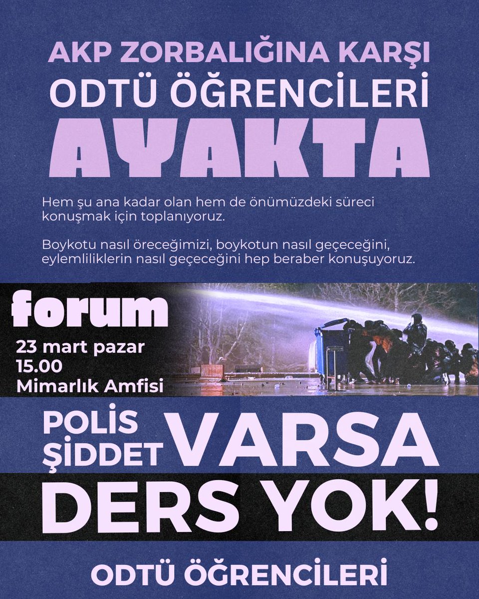 POLİS, ŞİDDET, GÖZALTI VARSA DERS YOK, BOYKOT VAR!

Hep birlikte boykotu nasıl örecegimizi, nasıl sürdürebileceğimizi ve eylemliliklerimizi planlamak için bir araya geliyoruz.

📅23 Mart Pazar
⏰15.00
📍 Mimarlık Amfisi