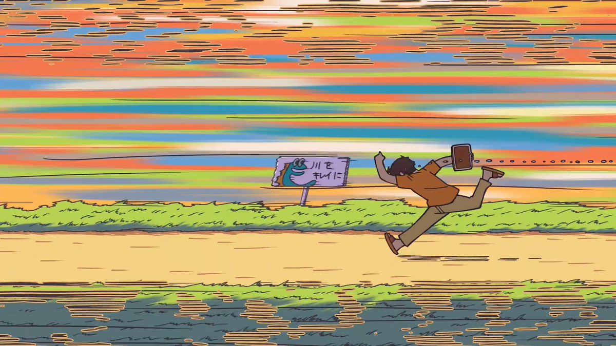 Yuyucow's tweet photo. First real showcase of the CITY anime! It was clear that the designs (both in proportions and linework) leaned way closer to Arawi's art than Nichijou's reinterpretation did, but the biggest change by far is the way cleaner presentation through bold colors and a cel-like screen https://t.co/TUttYMj1A3