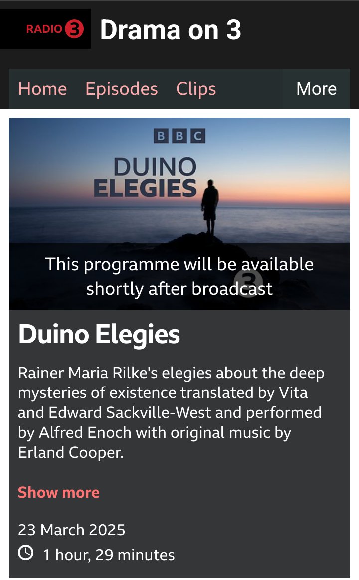 Dr Andrea Smith (@audioandrea) on Twitter photo After nearly 80 years, drama on <a href="/BBCRadio3/">BBC Radio 3</a> ends tonight. Perhaps the commissioner is as sad as the listeners, having scheduled an elegy as the final play - a work to mourn a loss.
I hope at least the #DramaOn3 archive will remain on <a href="/BBCSounds/">BBC Sounds</a>
#RadioDrama
bbc.co.uk/programmes/m00… After nearly 80 years, drama on <a href="/BBCRadio3/">BBC Radio 3</a> ends tonight. Perhaps the commissioner is as sad as the listeners, having scheduled an elegy as the final play - a work to mourn a loss.
I hope at least the #DramaOn3 archive will remain on <a href="/BBCSounds/">BBC Sounds</a>
#RadioDrama
bbc.co.uk/programmes/m00…