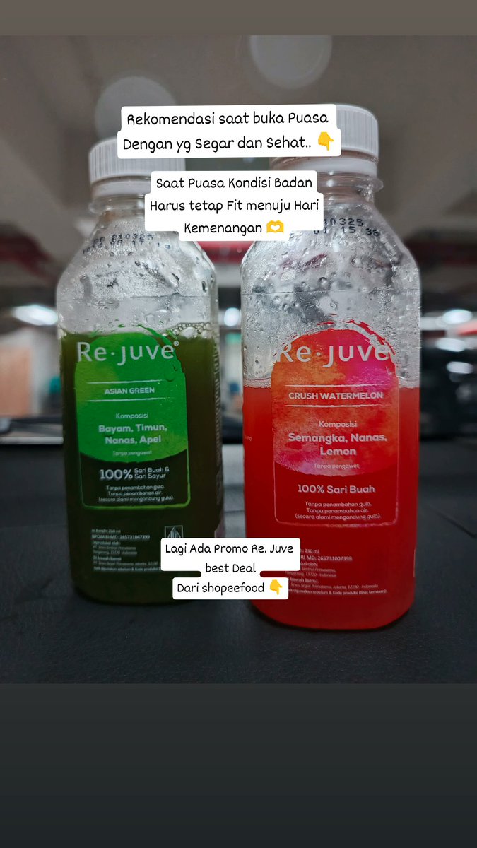 nuneth's tweet photo. Rekomendasi Minuman Sehat dan segar saat berbuka puasa.. Re.Juve
Psstt.. Lagi ada promo di shopeefood, buruan best Deal banget!!  👇
https://t.co/XOfgKJdvFl

#ShopeeFoodDiskonRameRame 
#ShopeeFood 
#Rejuve https://t.co/bAFqUXiDCG