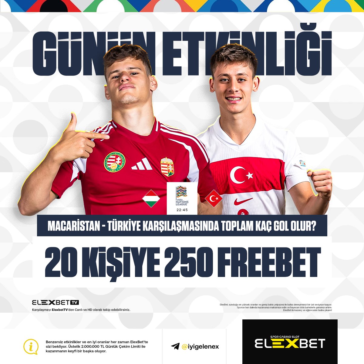 🔥Uluslar Ligi'nde rövanş zamanı!

⚽️Macaristan-Türkiye karşılaşmasında toplam kaç gol olur?

💰20 KİŞİYE 250TL FREEBET!

✅Telegram ve X kanallarımızı Takip Et!
✅RT AT,
✅Tweet Altına Tahminini Bırak!

📱 Etkinlik Kuralları: ws.tc/elexetk