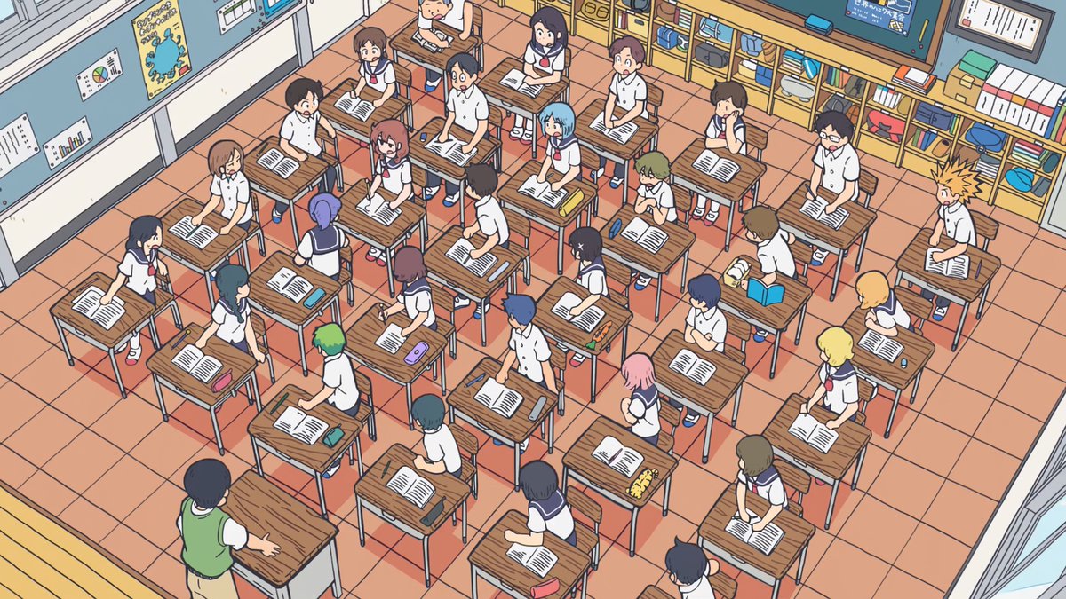Yuyucow's tweet photo. First real showcase of the CITY anime! It was clear that the designs (both in proportions and linework) leaned way closer to Arawi's art than Nichijou's reinterpretation did, but the biggest change by far is the way cleaner presentation through bold colors and a cel-like screen https://t.co/TUttYMj1A3