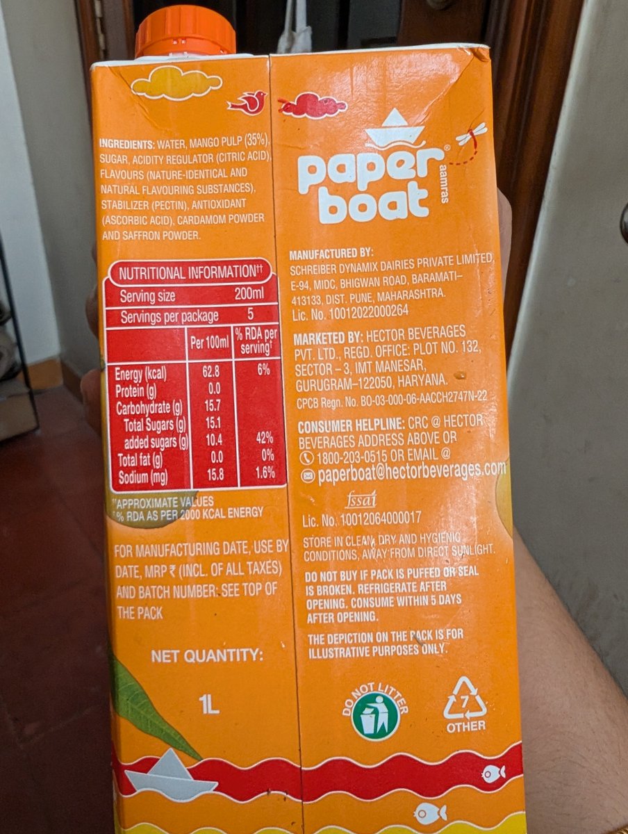 sruthi_vr's tweet photo. Why this double standard @paperboatdrinks ?

Ingredient label - 45% mango pulp mentioned  on the Swiggy product details page, and received a pack that had 35% mango pulp in it! https://t.co/rzayB1WBAB