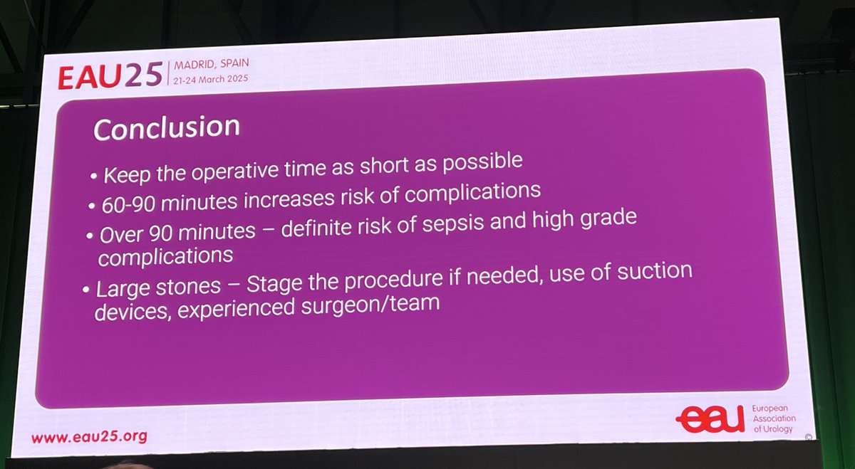 Dra Catalina Solano M (@miurologa) on Twitter photo Keep RIRS under 90 min to avoid sepsis & complications! ⏳
Focus on the Quadrifecta:
✅ Suction – clears debris
✅ Irrigation – maintains visibility
✅ Pressure – prevents reflux
✅ Temperature – avoids injury
Shorter surgery = Safer patient! #EAU25 <a href="/endouro/">Prof Bhaskar Somani</a> Keep RIRS under 90 min to avoid sepsis & complications! ⏳
Focus on the Quadrifecta:
✅ Suction – clears debris
✅ Irrigation – maintains visibility
✅ Pressure – prevents reflux
✅ Temperature – avoids injury
Shorter surgery = Safer patient! #EAU25 <a href="/endouro/">Prof Bhaskar Somani</a>