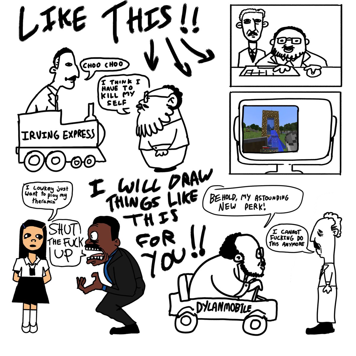 sloshua_'s tweet image. $5 DOLLAR COMMISSIONS OPEN NOW! dm me if U r interested in a shitty little comic in the style of my severance stuff. it will be bad i will draw it in 5 minutes! ♥️