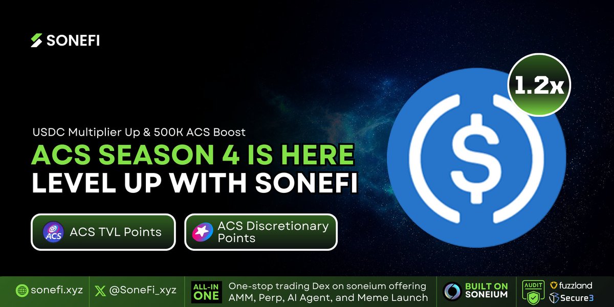 🚀 ACS Season 4 Is Live: Boosted Multipliers &amp; Bigger Rewards!

⚡ What’s New?
🔹 USDC Multiplier UP: 1.1x → 1.2x Liquidity providers on (SPLP, HPLP). 
🔹 SoneFi Discretionary Allocation Boost: 500,000 ACS

Here's how you can earn ACS points at #SoneFi 👇🧵