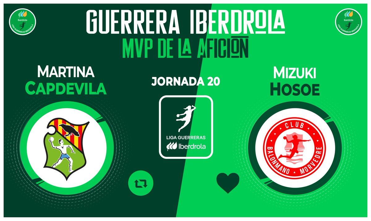 Liga Guerreras Iberdrola (@iberdroladhf) on Twitter photo ⭐ ¡Vota YA para elegir a la #GuerreraIberdrola de la Jornada 2️⃣0️⃣ en la #LigaGuerrerasIberdrola!
🆚 <a href="/BMGranollers/">BM Granollers</a> 3⃣5⃣:3⃣0⃣ <a href="/BMMorvedre/">#vamosMorvedre🖤♥️</a>
♻️ RT: <a href="/Martinacb8/">Martina Capdevila Barbany</a>
❤️ Me gusta: <a href="/mmmidukii/">Mizuki Hosoe ☆</a>
#⃣ #LigaGuerrerasIberdrola #Balonmano ⭐ ¡Vota YA para elegir a la #GuerreraIberdrola de la Jornada 2️⃣0️⃣ en la #LigaGuerrerasIberdrola!
🆚 <a href="/BMGranollers/">BM Granollers</a> 3⃣5⃣:3⃣0⃣ <a href="/BMMorvedre/">#vamosMorvedre🖤♥️</a>
♻️ RT: <a href="/Martinacb8/">Martina Capdevila Barbany</a>
❤️ Me gusta: <a href="/mmmidukii/">Mizuki Hosoe ☆</a>
#⃣ #LigaGuerrerasIberdrola #Balonmano