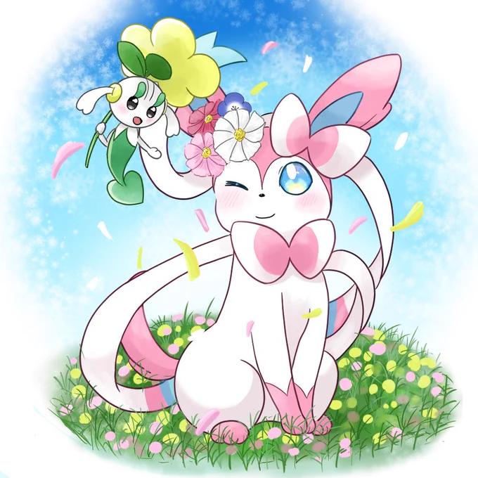ニンフィアにお花をプレゼントするフラエッテ #pokemon #ポケモン #ポケモンファンアート #ニンフィア #フラエッテ