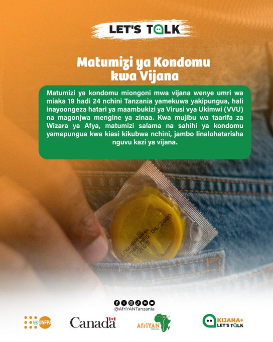 Vijana wengi wamepunguza matumizi ya kondomu, jambo linaloongeza hatari ya maambukizi ya VVU na magonjwa ya zinaa. Kupitia kampeni ya #LetsTalkTz ni wakati wa kukumbushan, kubadilika na kuchukua tahadhari.  Linda afya yako na mwenzio.  

#LetsTalkTz | #KijanaPlus | #AfriYANTz