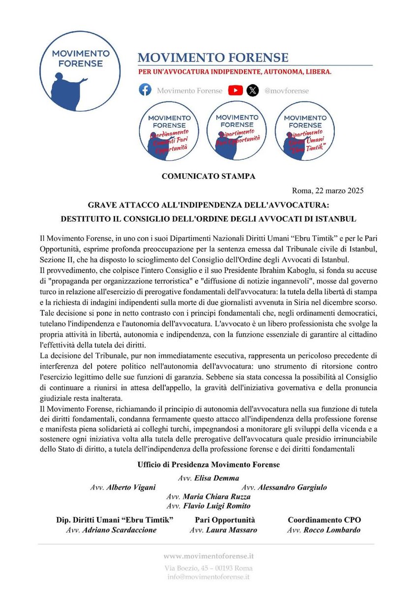 🔵 #movimentoforense
🔴 COMUNICATO STAMPA

➡️ GRAVE ATTACCO ALL'INDIPENDENZA DELL'AVVOCATURA: DESTITUITO IL CONSIGLIO DELL'ORDINE DEGLI AVVOCATI DI ISTANBUL. 

facebook.com/share/p/1688Kc…