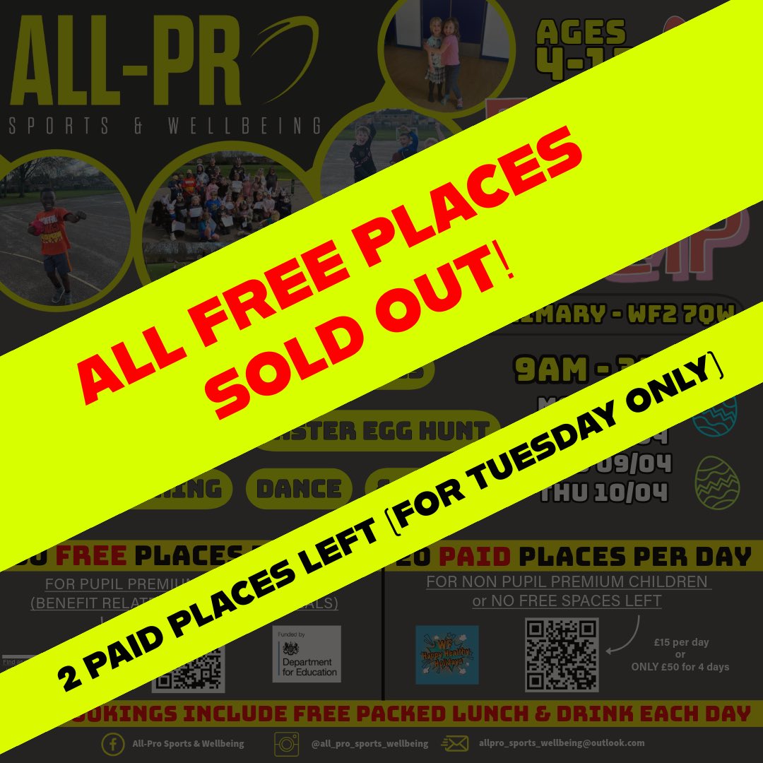 All-PRO sports & wellbeing (@allpro_sports) on Twitter photo π¨ FREE PLACES sold out in 2 days of going live , Monday , Wednesday & Thursday paid places sold out 4 days after going live π€― Only 2 paid places remain on the Tuesday
We will post on our social media if any places are cancelled and become available <a href="/SandalCastleSch/">Sandal Castle Primary School</a> <a href="/HendalPS/">Hendal Primary</a> π¨ FREE PLACES sold out in 2 days of going live , Monday , Wednesday & Thursday paid places sold out 4 days after going live π€― Only 2 paid places remain on the Tuesday
We will post on our social media if any places are cancelled and become available <a href="/SandalCastleSch/">Sandal Castle Primary School</a> <a href="/HendalPS/">Hendal Primary</a>