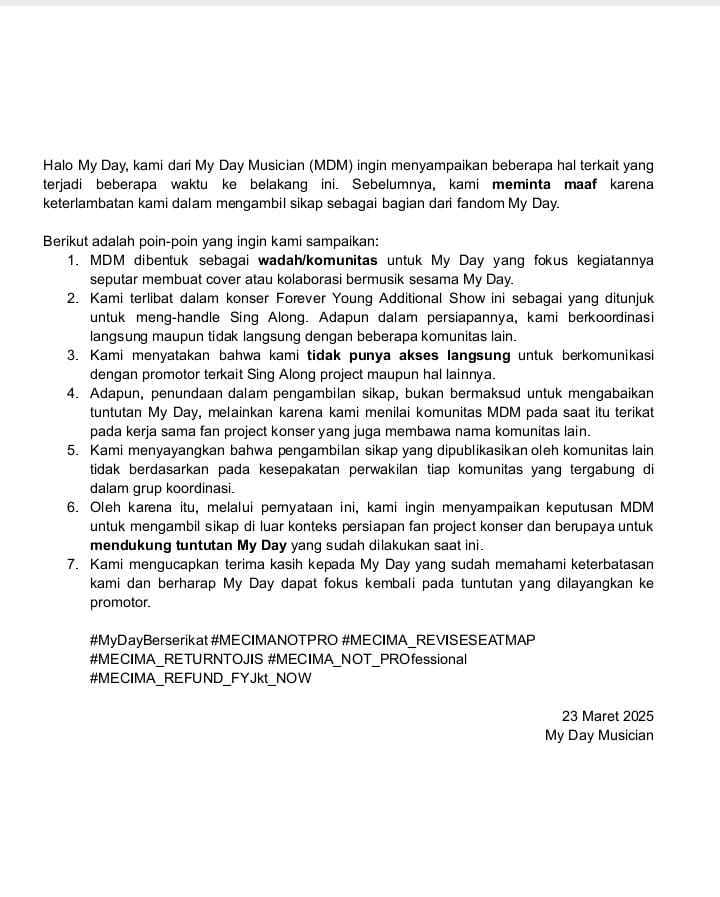 MyDayMusician's tweet photo. Dear My Day,

Menanggapi isu yang beredar, kami My Day Musician membuat pernyataan sikap berikut. Kami memohon maaf kepada My Day atas keterlambatan kami.

#MyDayBerserikat
#MECIMANOTPRO #MECIMA_REVISESEATMAP #MECIMA_RETURNTOJIS #MECIMA_NOT_PROfessional #MECIMA_REFUND_FYJkt_NOW https://t.co/S6nW8rqsHQ