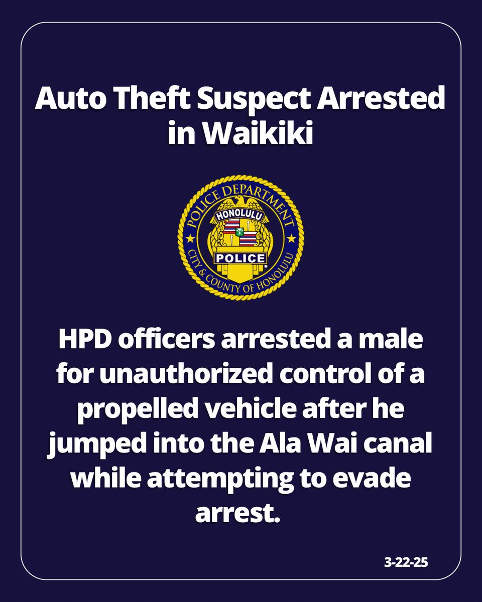 honolulupolice's tweet photo. Auto Theft Suspect Arrested in Waikiki

HPD officers arrested a male for unauthorized control of a propelled vehicle after he jumped into the Ala Wai canal while attempting to evade arrest. #honolulupd #cchnl https://t.co/CiEl1wGZbx