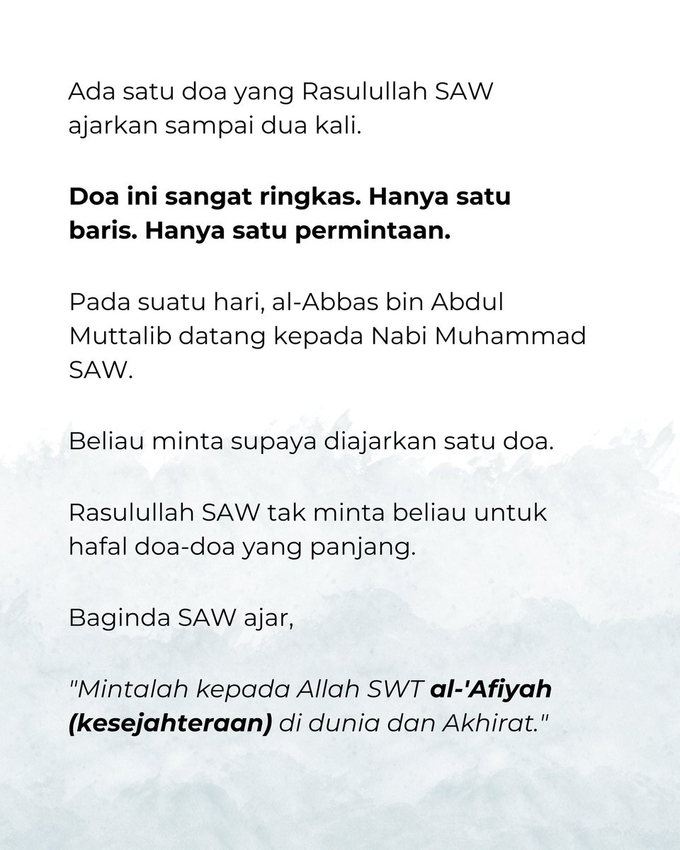 fakhrifadzli's tweet photo. 22 Ramadan

Doa yang Nabi SAW ajarkan ini hanya satu baris. 

Hanya satu permintaan. 

Namun doa ini merangkumi perkara yang paling asas dalam hidup kita iaitu kesejahteraan. https://t.co/nDRtrKJQb6