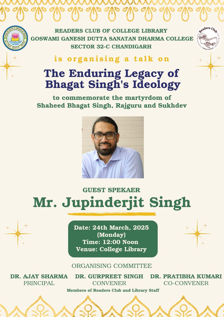 ggdsdlibrary's tweet photo. Join us for a special talk on The Enduring Legacy of Bhagat Singh's Ideology by  Jupinderjit Singh.
🗓️ March 24, 2025 (Monday)
🕛 12:00 Noon
📍 College Library, GGDSD College, Sector 32-C, Chandigarh
#IndianFreedomStruggle #BhagatSingh #Chandigarh #GGDSD #ShaheediDiwas https://t.co/YJnuxaI8XR