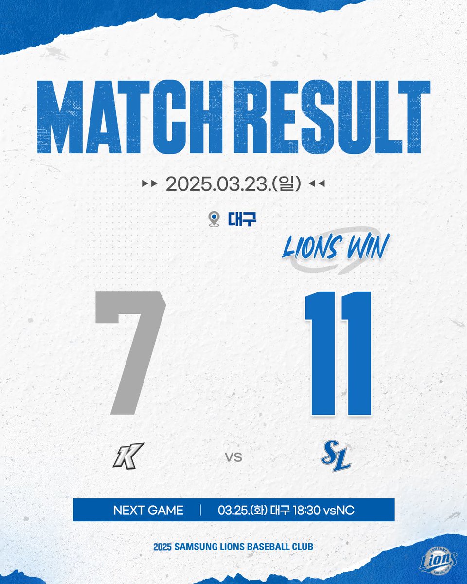 2025년 3월 23일 일요일 경기 결과입니다.
키움 7 : 11 삼성
