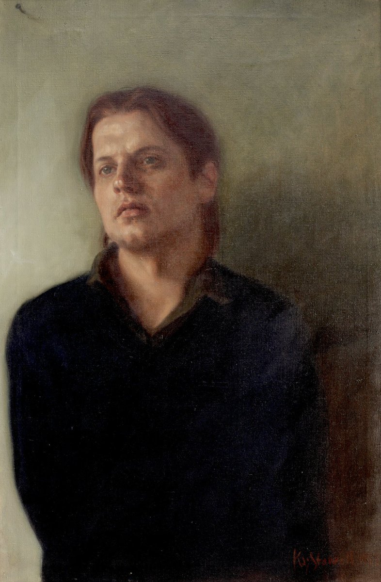 Here is an old painting from 1983, ” Self Portrait ”,  oil on canvas, 90 x 60 cm. #art #oilpainting #selfportrait #oldpainting #figurativeart #contemporaryart #artistsontwitter #artistsonx #kajstenvall