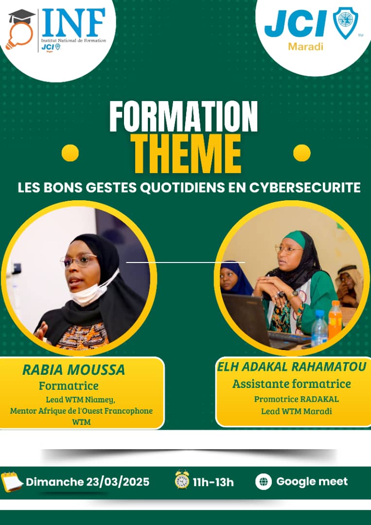 Rabia MOUSSA (@rabia_moussa) on Twitter photo Rejoignez-nous aujourd'hui de 11h-13h (GMT+1) pour une session sur "Les bons gestes quotidiens en cybersรฉcuritรฉ" organisรฉe par #JCIMaradi via Google Meet: meet.google.com/uei-sxvh-abu
Ne manquez pas cette occasion d'amรฉliorer votre sรฉcuritรฉ en ligne !
<a href="/NiameyWtm/">Women Techmakers Niamey</a> <a href="/gdgmaradi/">GDG Maradi</a> <a href="/gdgniamey/">GDG Niamey</a> Rejoignez-nous aujourd'hui de 11h-13h (GMT+1) pour une session sur "Les bons gestes quotidiens en cybersรฉcuritรฉ" organisรฉe par #JCIMaradi via Google Meet: meet.google.com/uei-sxvh-abu
Ne manquez pas cette occasion d'amรฉliorer votre sรฉcuritรฉ en ligne !
<a href="/NiameyWtm/">Women Techmakers Niamey</a> <a href="/gdgmaradi/">GDG Maradi</a> <a href="/gdgniamey/">GDG Niamey</a>