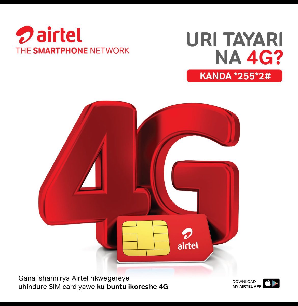 CAGUWA_2's tweet photo. Guhindura uva kuri 3G ujya kuri 4G n'ubuntu kandi niwowe ubigiriramo inyungu kuko bituma ukoresha internet yihuta cyane ya 4G.
Gana ishami rya Airtel rikwigereye rikwegereye utange numero ya Simcard warusanganwe ya 3G baguhe inshya ikoresha internet ya 4G ku UBUNTU. @airtelrw
#Switchto4G
#Airtel4G
🏃 Nkigendera