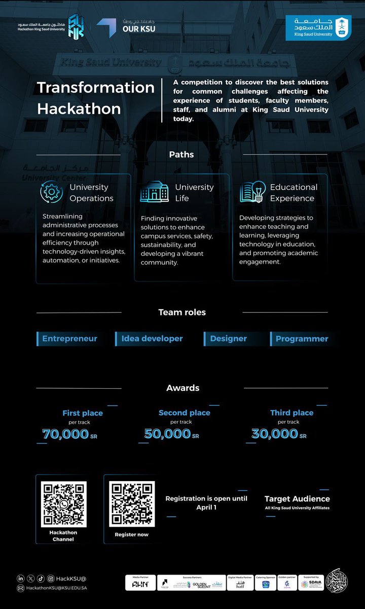 KSU_INT's tweet photo. Join the #Transformation_Hackathon at King Saud University and compete for a share of 450,000 SR in prizes by innovating solutions to enhance education, campus life, and university operations!💡 #Create_The_Transformation
🔗https://t.co/u5EkeAXs5m https://t.co/pTo35ZL6vl