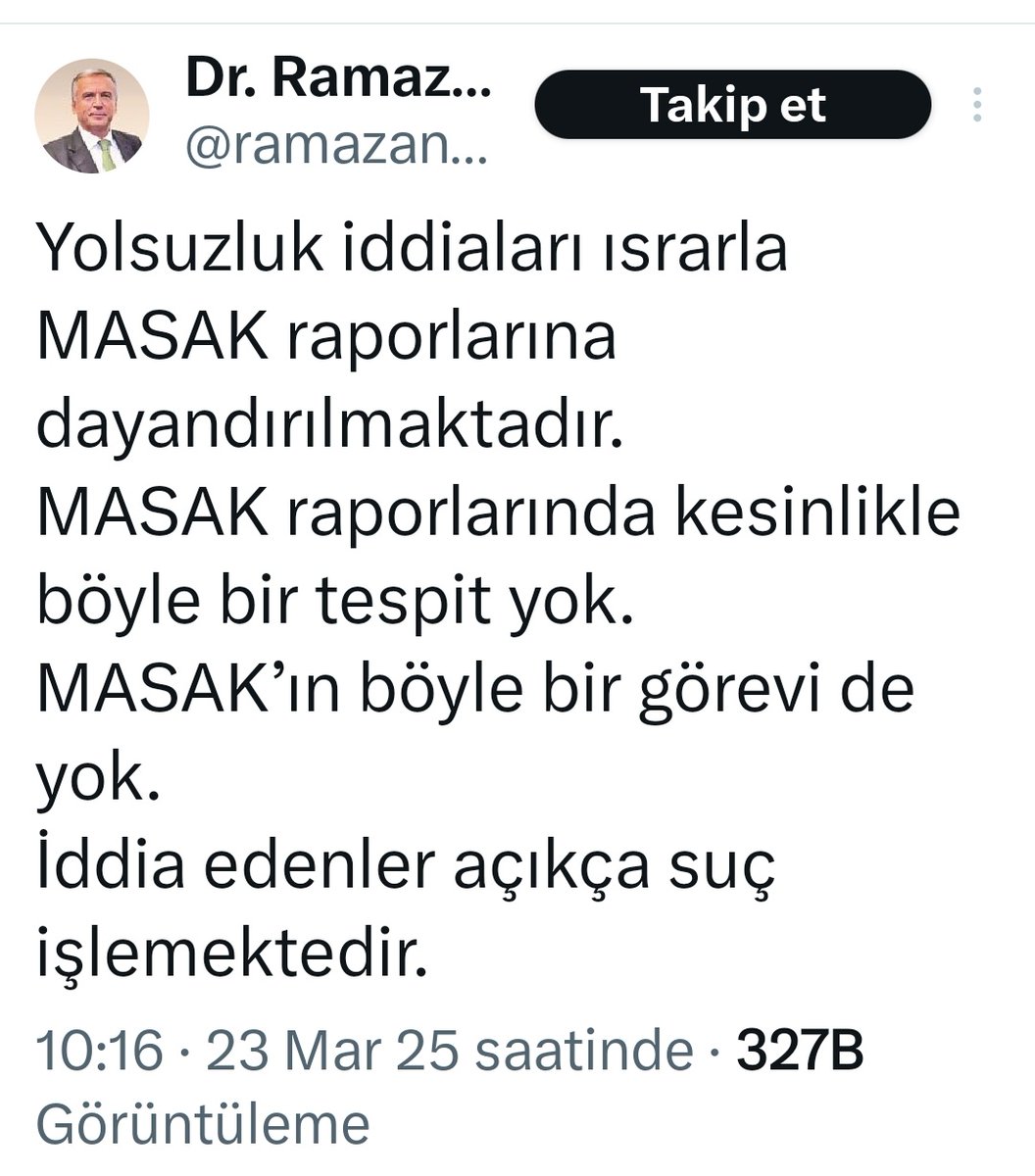 MASAK Eski Başkan Yardımcısı Ramazan Başak:

Yolsuzluk iddiaları ısrarla MASAK raporlarına dayandırılmaktadır. MASAK aporlarında kesinlikle böyle bir tespit yok. 

MASAK’ın böyle bir görevi de yok. İddia edenler açıkça suç işlemektedir.

#ekremimamoğlu #ibb #tutuklandı #sondakika