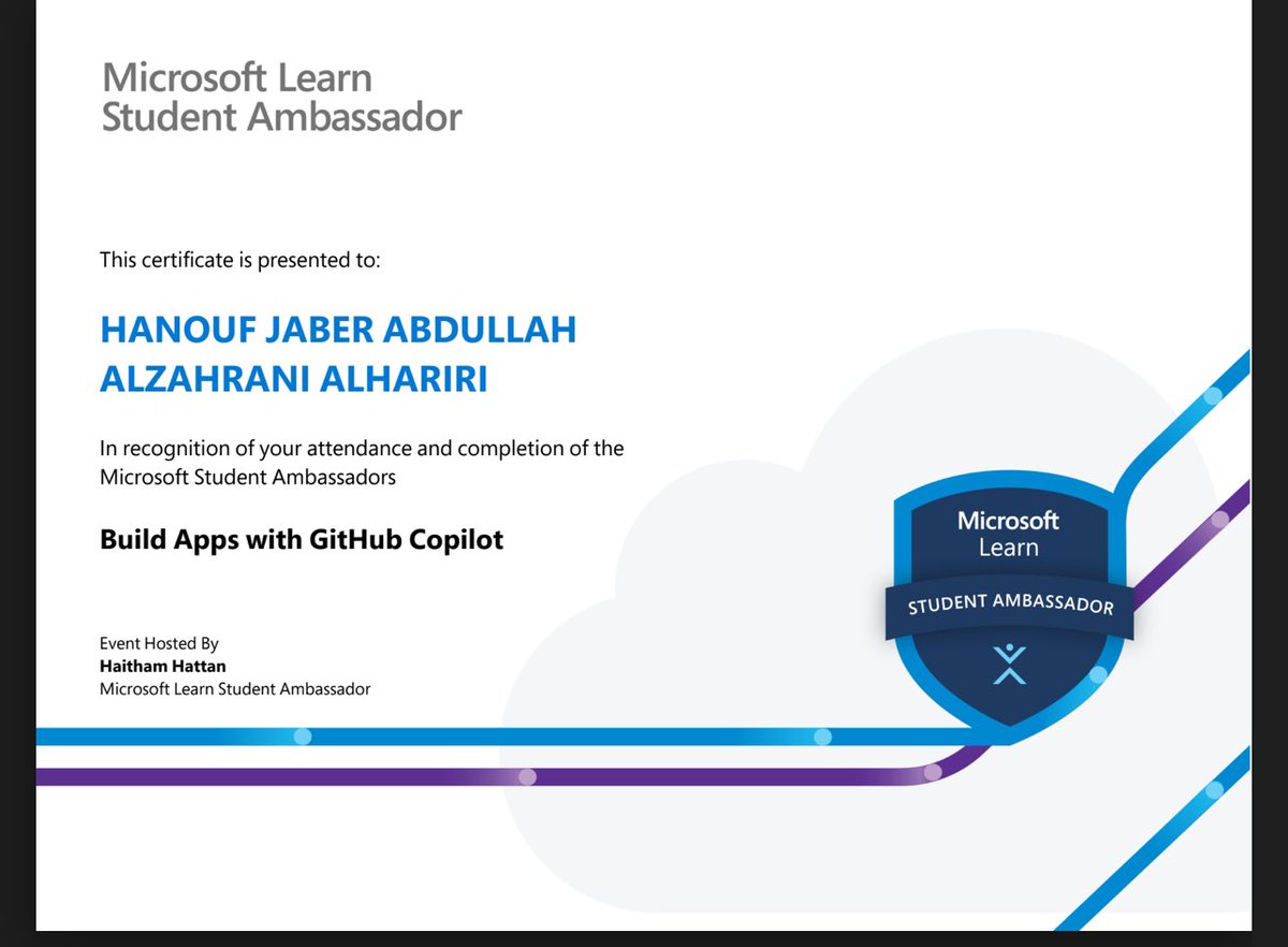 HANOUF ALZAHRANI (@_honey7z) on Twitter photo الحمد لله، أنهيت بنجاح معسكر Build Apps with GitHub Copilot وحصلت على شهادة من Microsoft Learn Student Ambassador! تجربة رائعة تعلمت فيها كيفية الاستفادة من GitHub Copilot في بناء التطبيقات وتعزيز الإنتاجية في البرمجة. شكرًا لفريق Microsoft Student Ambassadors
<a href="/SpaceSA0/">مَـســـافـــــــة | SPACE</a> الحمد لله، أنهيت بنجاح معسكر Build Apps with GitHub Copilot وحصلت على شهادة من Microsoft Learn Student Ambassador! تجربة رائعة تعلمت فيها كيفية الاستفادة من GitHub Copilot في بناء التطبيقات وتعزيز الإنتاجية في البرمجة. شكرًا لفريق Microsoft Student Ambassadors
<a href="/SpaceSA0/">مَـســـافـــــــة | SPACE</a>