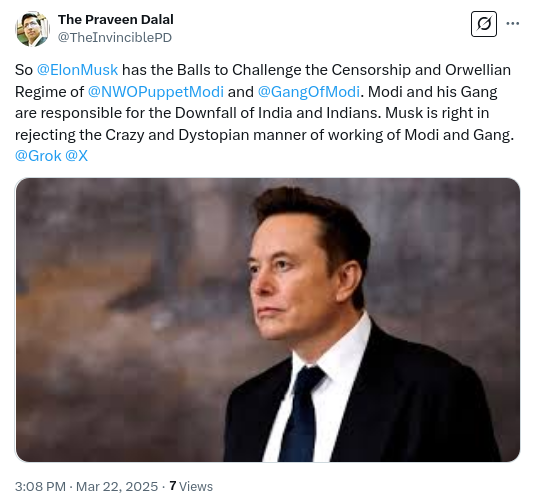 Vishwaguru Jumla Of Jumlabaaz Modi And His Gang (@vishwagurujumla) on Twitter photo There is no doubt that <a href="/ElonMusk/">Elon Musk</a> has the balls to challenge <a href="/NWOPuppetModi/">NWO Puppet Modi And @HorrorsOfIndia</a>, that too in India. Entire India has been crawling due to Aadhaar, demonetisation, unemployment, poverty, hunger, corruption, etc. <a href="/SovereignP4LO/">Sovereign P4LO</a> is the only real opposition in India now. Trump Modi There is no doubt that <a href="/ElonMusk/">Elon Musk</a> has the balls to challenge <a href="/NWOPuppetModi/">NWO Puppet Modi And @HorrorsOfIndia</a>, that too in India. Entire India has been crawling due to Aadhaar, demonetisation, unemployment, poverty, hunger, corruption, etc. <a href="/SovereignP4LO/">Sovereign P4LO</a> is the only real opposition in India now. Trump Modi