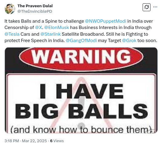 Vishwaguru Jumla Of Jumlabaaz Modi And His Gang (@vishwagurujumla) on Twitter photo Interesting. Finally, <a href="/ElonMusk/">Elon Musk</a> is not taking the bullshit and dystopian acts of NWO Puppet Modi. You cannot push <a href="/LegalGarbage/">Legal Garbage Of India: Law Is An Ass In India</a> in the name of laws. We at <a href="/P4LOLaw/">P4LO Laws</a> believe Indian IT Act, 2000 and its unconstitutional rules are detrimental to Indians rights. Trump <a href="/TheInvinciblePD/">The Praveen Dalal</a> Interesting. Finally, <a href="/ElonMusk/">Elon Musk</a> is not taking the bullshit and dystopian acts of NWO Puppet Modi. You cannot push <a href="/LegalGarbage/">Legal Garbage Of India: Law Is An Ass In India</a> in the name of laws. We at <a href="/P4LOLaw/">P4LO Laws</a> believe Indian IT Act, 2000 and its unconstitutional rules are detrimental to Indians rights. Trump <a href="/TheInvinciblePD/">The Praveen Dalal</a>