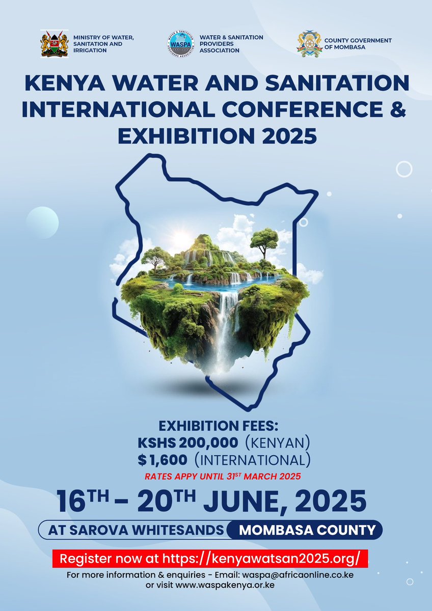 Exhibit at KENYAWATSAN 2025! 🌍✨ 

Connect with 1,000+ delegates and 100 exhibitors, showcase your water and sanitation innovations, and build strategic partnerships with key industry players.
Don’t miss out book your booth today! 
🔗 kenyawatsan2025.org