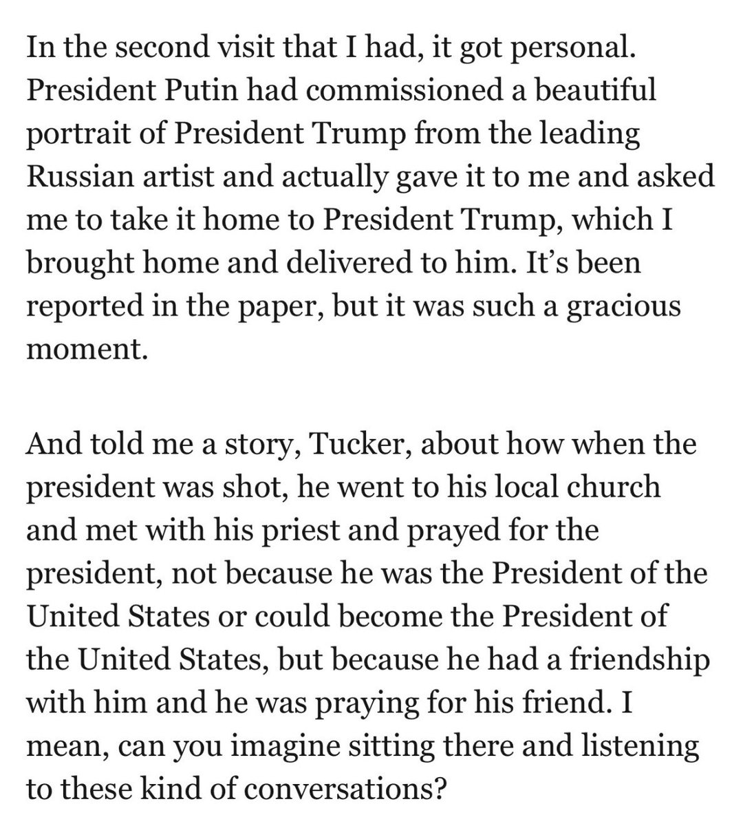 💥 US special envoy Steve Witkoff in an interview with Tucker Carlson says:

• he ‘liked’ President Putin. 
‘I don't regard Putin as a bad guy…He's super smart’ 

• 4 Ukrainian regions shld become Russian cos there were ‘referendums’ ** where ‘majority of the people’ voted to