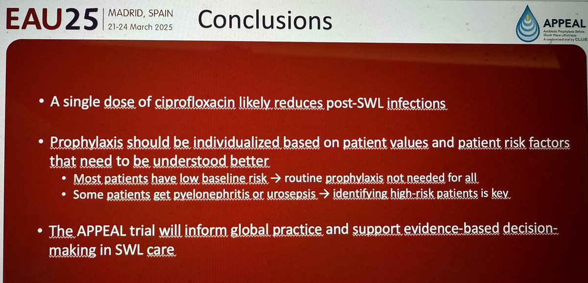 Veeru Kasi (@veerukasi) on Twitter photo 🚨APPEAL trial results #EAU25 by <a href="/KariTikkinen/">Kari Tikkinen</a>. Largest most robust multicentre RCT to date evaluating if antibiotic prophylaxis reduces UTI in ESWL (n=1722). Cipro (vs placebo) ⬇️ urosepsis 0 vs 1.2%, p=0.003 (tertiary outcome). No stat sig diff for primary or symptomatic UTI. 🚨APPEAL trial results #EAU25 by <a href="/KariTikkinen/">Kari Tikkinen</a>. Largest most robust multicentre RCT to date evaluating if antibiotic prophylaxis reduces UTI in ESWL (n=1722). Cipro (vs placebo) ⬇️ urosepsis 0 vs 1.2%, p=0.003 (tertiary outcome). No stat sig diff for primary or symptomatic UTI.