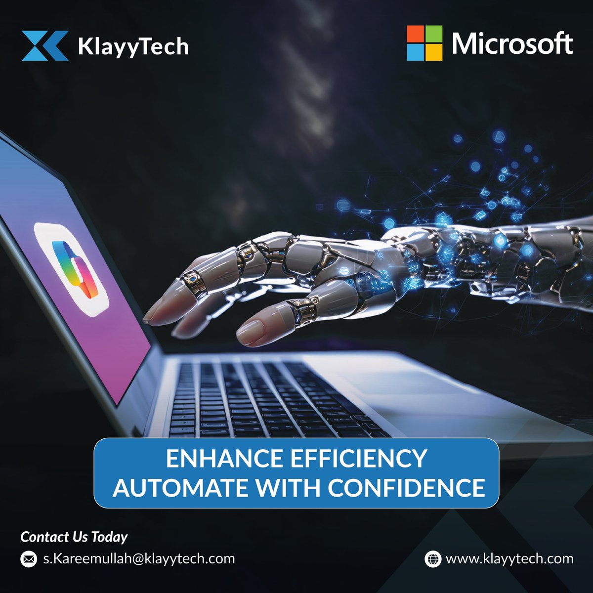 KlayyTech's tweet photo. Unlock a new level of productivity with #Microsoft365 Copilot—the AI-powered assistant designed to optimize workflows, automate repetitive tasks, and enhance decision-making across Word, Excel, Outlook, and Teams.

By integrating advanced AI capabilities, Copilot enables businesses to:

✔ Streamline document creation and data analysis
✔ Automate routine communications and reporting
✔ Improve efficiency with intelligent recommendations

Redefine workplace efficiency with Microsoft 365 #Copilot.

📩 For a consultation, contact s.kareemullah@klayytech.com 

#Microsoft365 #AIforBusiness #ProductivitySolutions #DigitalTransformation #KlayyTech