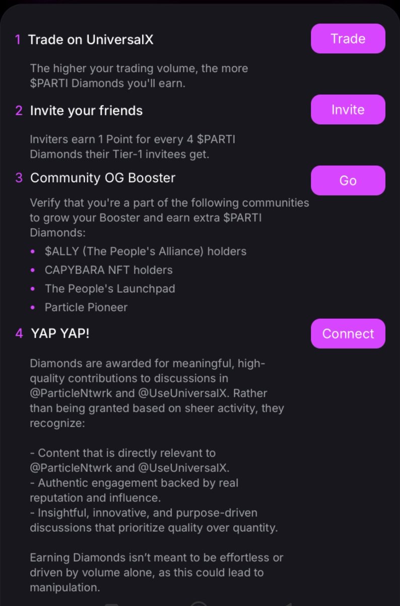 Tomorrow will be the end of season 0 of $PARTI diamond. There still time to accumulate, trade and yap about <a href="/UseUniversalX/">UniversalX</a> and <a href="/ParticleNtwrk/">Particle Network</a> 

This is my link, create account and start trading and be get abstracted.

universalx.app/user/x/jrck809…

#Parti #UX