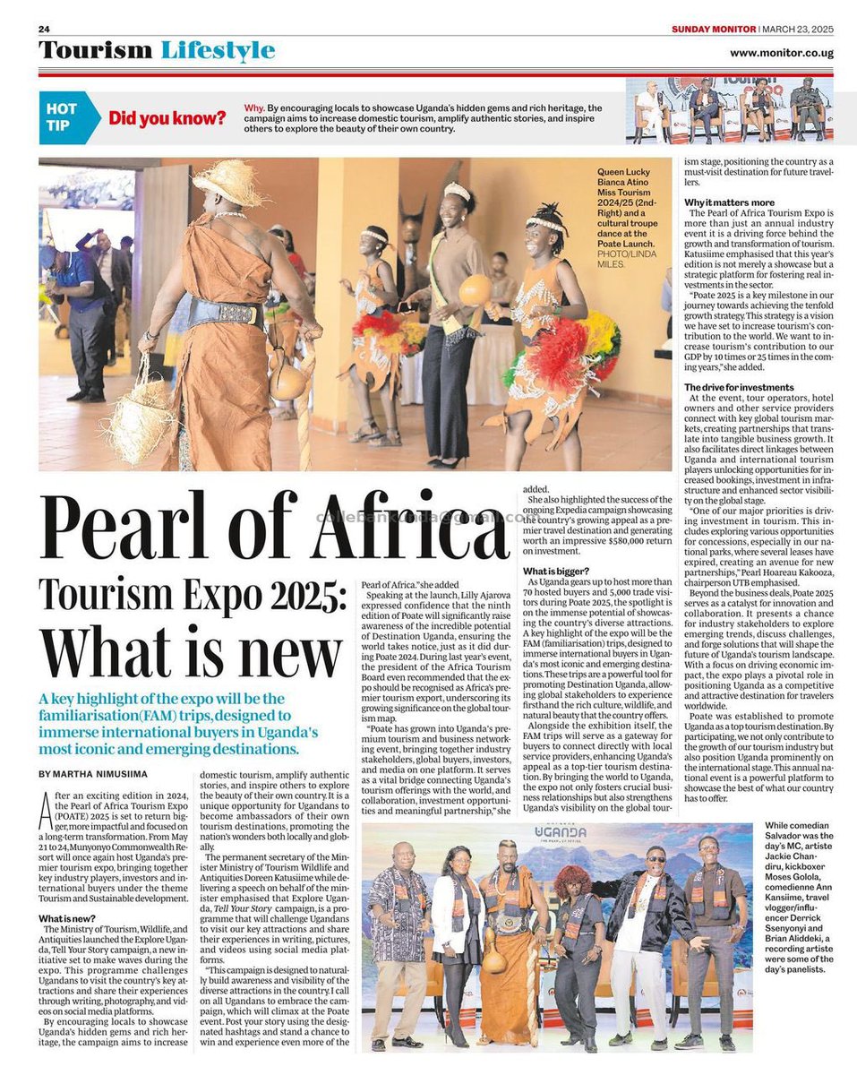 BJacquie_P's tweet photo. #POATE2025 isn't just another tourism expo—it’s a strategic platform to drive investments & growth in Uganda’s tourism sector.
Find out how $550,000 in ROI from 2024 is set to fuel this year's bigger vision.
📖 Full story in #SundayMonitor by @DailyMonitor | #ExploreUganda https://t.co/3HDBW9g16k