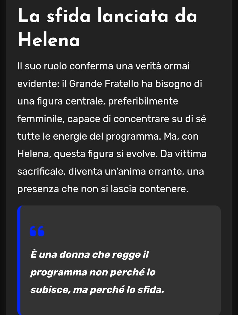 "È UNA DONNA CHE REGGE IL PROGRAMMA NON PERCHÉ LO SUBISCE, MA PERCHÉ LO SFIDA"

🔸Bellissimo articolo di <a href="/FuxiaSmm/">Fuxia Magazine</a> 💞
#Heleners #helevier #GrandeFratello