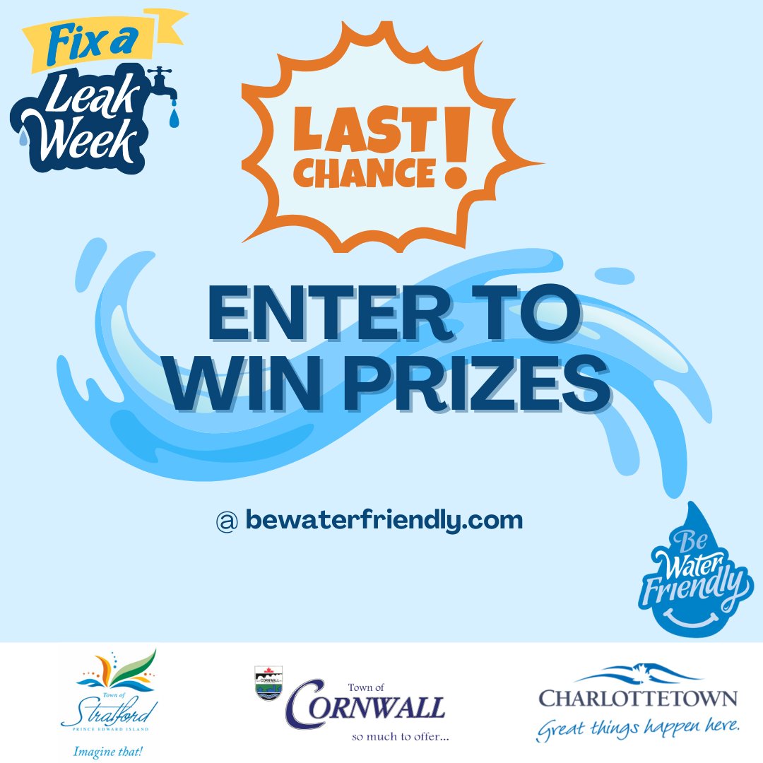 StratfordPEI's tweet image. If you are a #StratfordPEI resident, or a Cornwall or Charlottetown Water and Sewer customer, this is your last chance to enter to win great prizes for #FixALeakWeek! 

Enter to win at bewaterfriendly.com/events/fix-a-l…