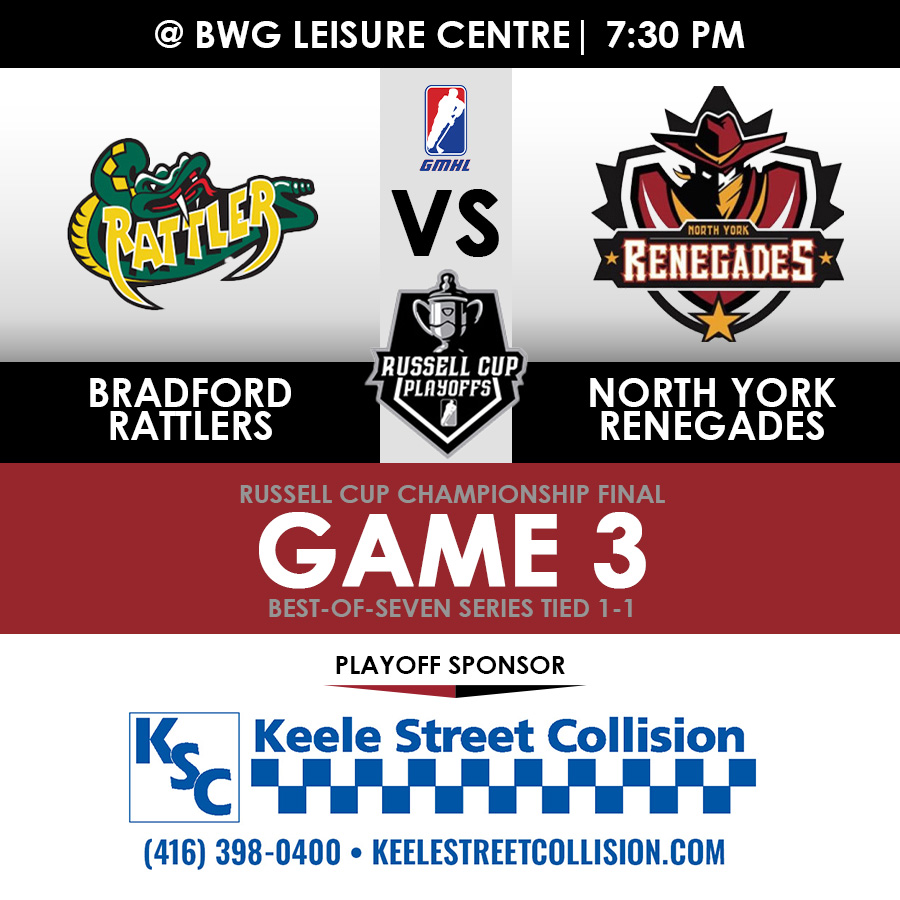 YOUR Renegades try to shake off a tough loss in Game 2 when they travel to Bradford tonight to take on the Rattlers in @thegmhl action.#runtotherussell