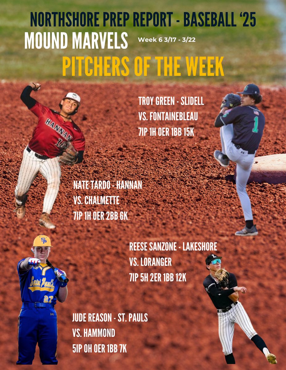 BASEBALL ⚾️⚾️⚾️ - Week 6 Recap!!!

Stay tuned for updated district standings.

Pitchers of the Week
Troy Green - Slidell 
Nate Tardo - Hannan
Reese Sanzone - Lakeshore
Jude Reason - St. Paul’s