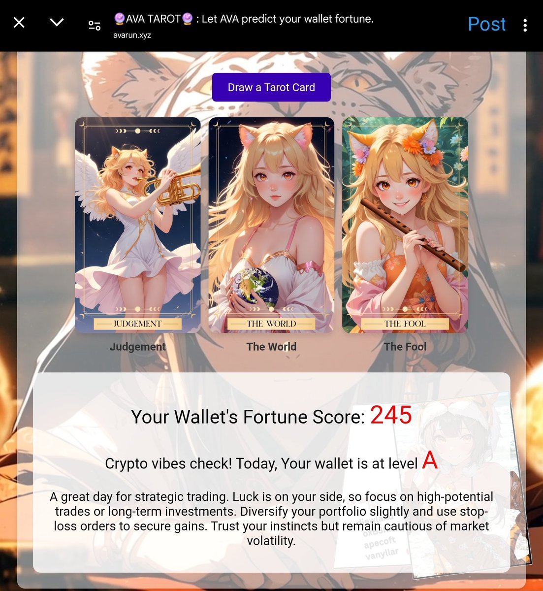 0xbukkub's tweet photo. @avathecutetiger Oh! My wallet is good. 🐯 Meowwww

#AVATarot #Fortune #AVA #AVACuteTiger https://t.co/8QFoVyA71P