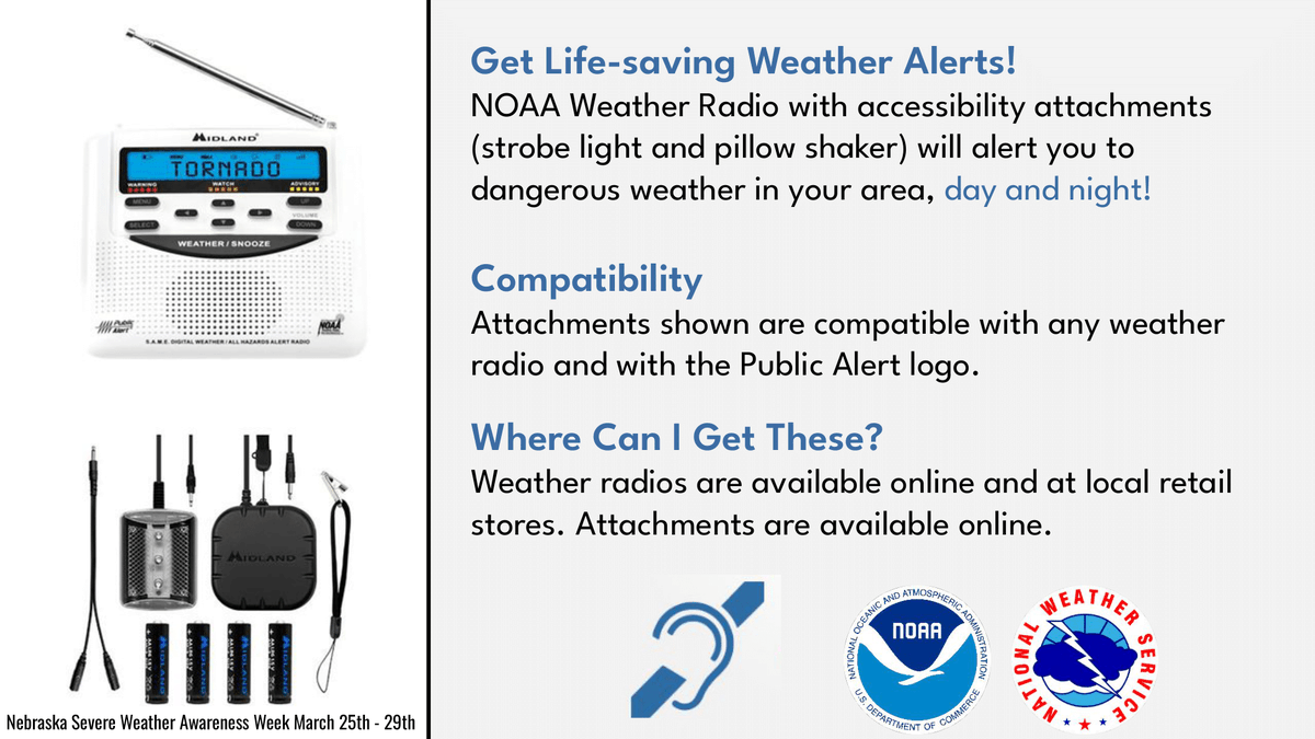 NWSOmaha's tweet photo. Did You Know - NOAA Weather Radio can be made accessible to people with hearing loss? Some receivers can be equipped with special output connectors that activate alerting devices - bed shakers, pillow vibrators..
More info: https://t.co/MAW4d5wMBE #DeafAwareness #NEwx #SWAW2025 https://t.co/Y8jWisUHBY