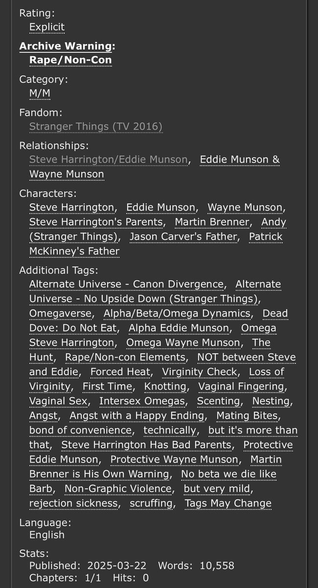 midnightxmagic's tweet image. Happy belated Day 10 of #STMMM25!!

Prompt: Rejection Sickness 

TW: rape/non-con (not between Steddie)

(based on a very old post I did, re: Have we thought about Steve, while suffering from Rejection Sickness, being forced into The Hunt by his parents?)

archiveofourown.org/works/64072876