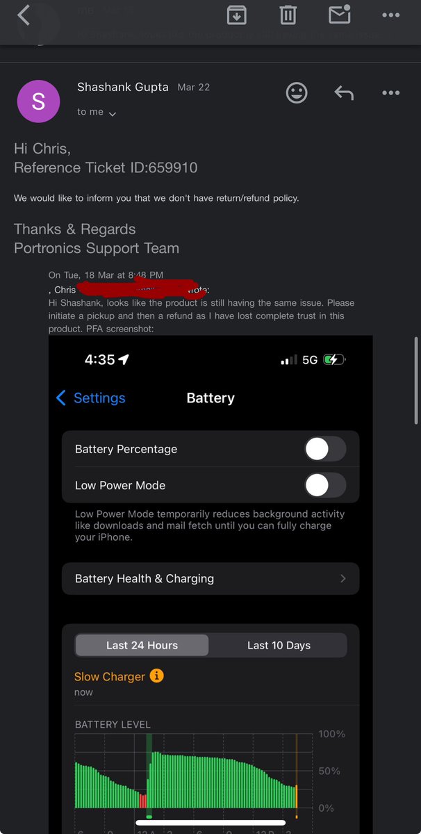 just_crisp's tweet photo. Charging speed very slow. Tried contacting customer support, they couldn’t give me a proper product and couldn’t fix issue and is now refusing replacement/ refund saying it’s part of their policy despite sending a defected product again and again  #scam https://t.co/DxSDw0DKlV