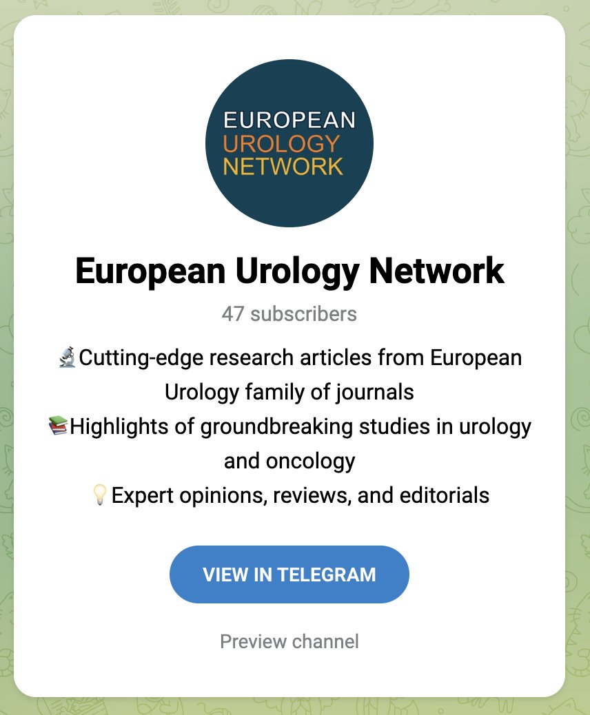 Adam B. Weiner, MD (@adam_weiner535) on Twitter photo 🚨The <a href="/Uroweb/">European Association of Urology (EAU)</a> family of journals is on <a href="/telegram/">Telegram Messenger</a>
🔃Download the app & follow for the latest updates on publications w/ input from authors & real-time discussion
<a href="/EUplatinum/">European Urology</a> <a href="/EurUrolFocus/">Eur Urol Focus</a> <a href="/EurUrolOpen/">European Urology Open Science</a> <a href="/EurUrolOncol/">European Urology Oncology</a> <a href="/GGiannarini/">Gianluca Giannarini</a> <a href="/LauraBukavinaMD/">Laura Bukavina</a> <a href="/Albert0Briganti/">Alberto Briganti</a> <a href="/NikitaB0709/">Nikita Bhatt</a> 🚨The <a href="/Uroweb/">European Association of Urology (EAU)</a> family of journals is on <a href="/telegram/">Telegram Messenger</a>
🔃Download the app & follow for the latest updates on publications w/ input from authors & real-time discussion
<a href="/EUplatinum/">European Urology</a> <a href="/EurUrolFocus/">Eur Urol Focus</a> <a href="/EurUrolOpen/">European Urology Open Science</a> <a href="/EurUrolOncol/">European Urology Oncology</a> <a href="/GGiannarini/">Gianluca Giannarini</a> <a href="/LauraBukavinaMD/">Laura Bukavina</a> <a href="/Albert0Briganti/">Alberto Briganti</a> <a href="/NikitaB0709/">Nikita Bhatt</a>