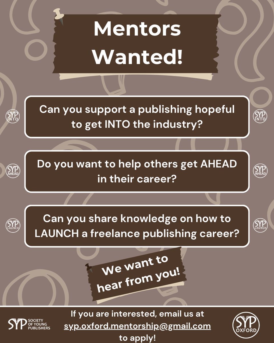 SYP Oxford (@syp_oxford) on Twitter photo Are you a publishing professional based in Oxford? We are looking for people working in the publishing industry to pass on their expertise and mentor publishing hopefuls!
If you're interested, please email us at: syp.oxford.mentorship@gmail.com to apply!
#syp #sypoxford Are you a publishing professional based in Oxford? We are looking for people working in the publishing industry to pass on their expertise and mentor publishing hopefuls!
If you're interested, please email us at: syp.oxford.mentorship@gmail.com to apply!
#syp #sypoxford