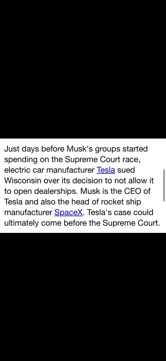 Wisconsin state law doesn’t allow car manufacturers to own dealerships. 
Elon Musk wants to be exempt from that law. 
The case will end up in SCOWIS.

And that, is why he has given Brad Schimel $20 million.

Don’t let an oligarch purchase our state.

Vote <a href="/crawfordforwi/">Justice Susan Crawford</a>
